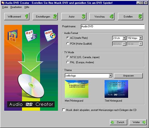 Audio-DVD-Creator für die Erstellung einer Audio-DVD oder auch Audio-CD nach Wunsch